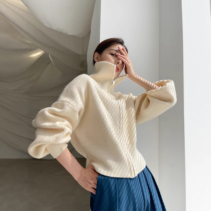 Damen Grobstrick Pullover mit hohem Kragen und übergroßem Schnitt Drune