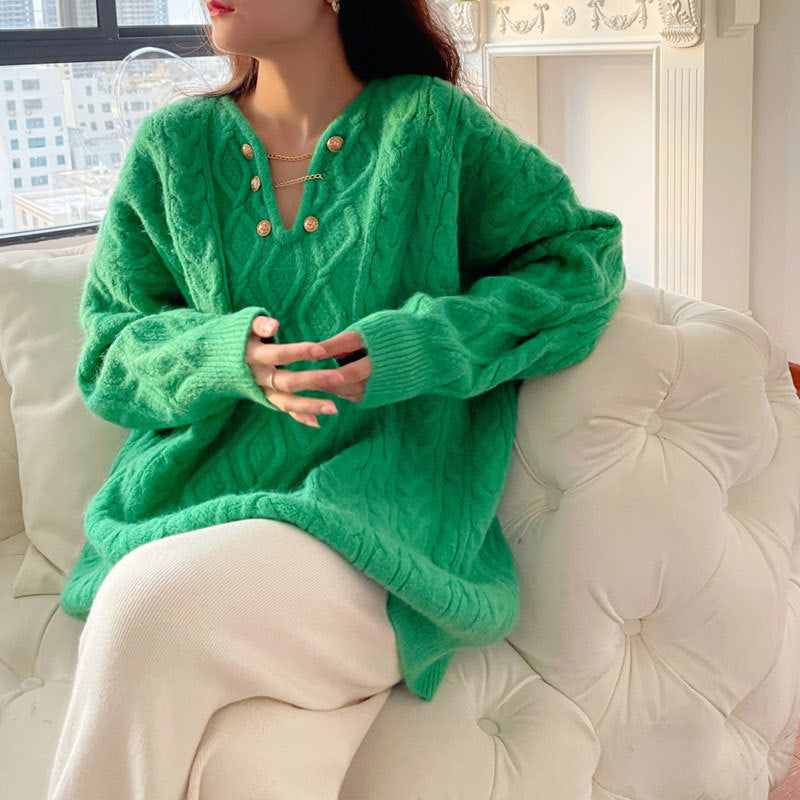 Damen Grobstrickpullover mit Knopfdetails und Zopfmuster Drune