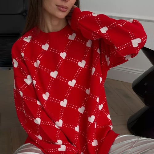 Damen Gemusterter Strickpullover mit Herzmotiv und lässigem Schnitt Drune