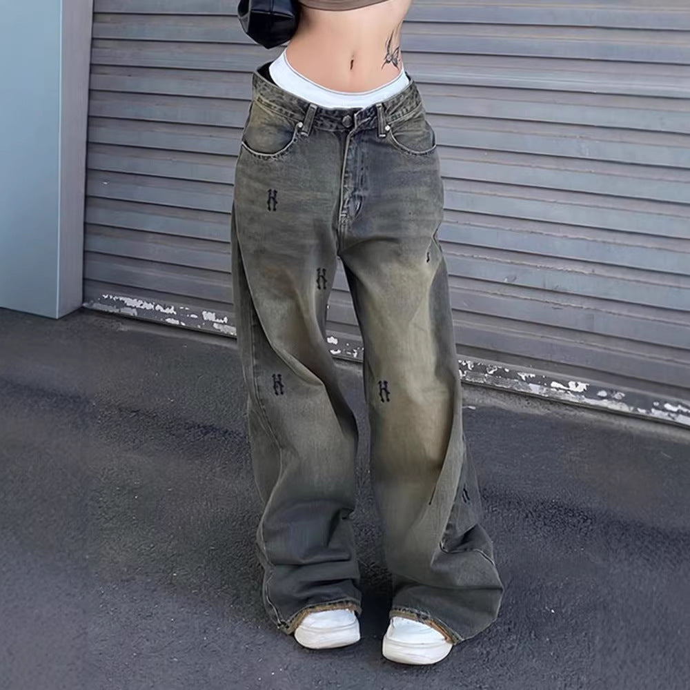 Damen High‑Waist Straight‑Leg Jeans mit dekorativen Mini‑Stickereien und Used‑Effekt Drune