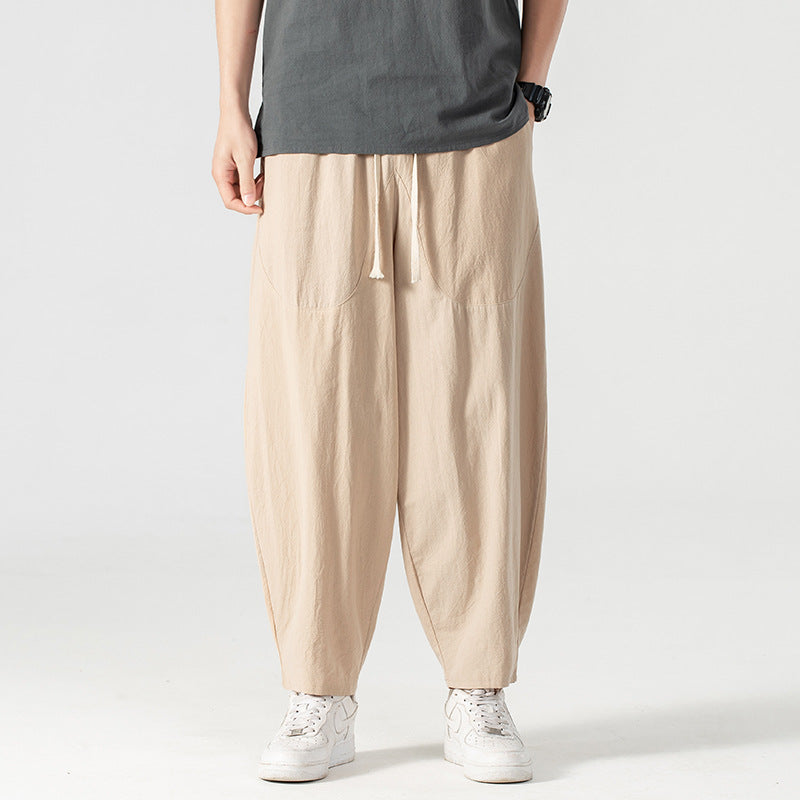 Herren Lässige Leinen-Baumwoll-Hose mit weitem Bein, Kordelzug und aufgesetzten Taschen Drune