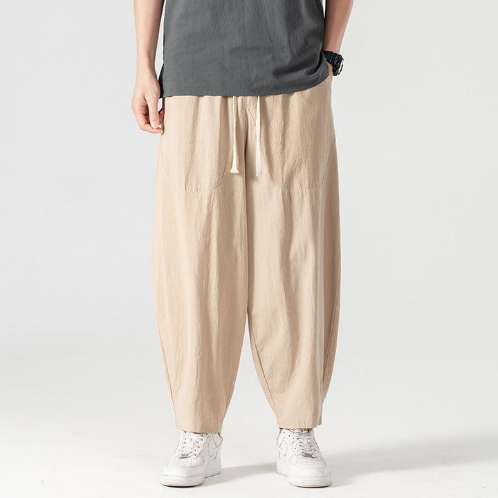 Herren Lässige Leinen-Baumwoll-Hose mit weitem Bein, Kordelzug und aufgesetzten Taschen Drune