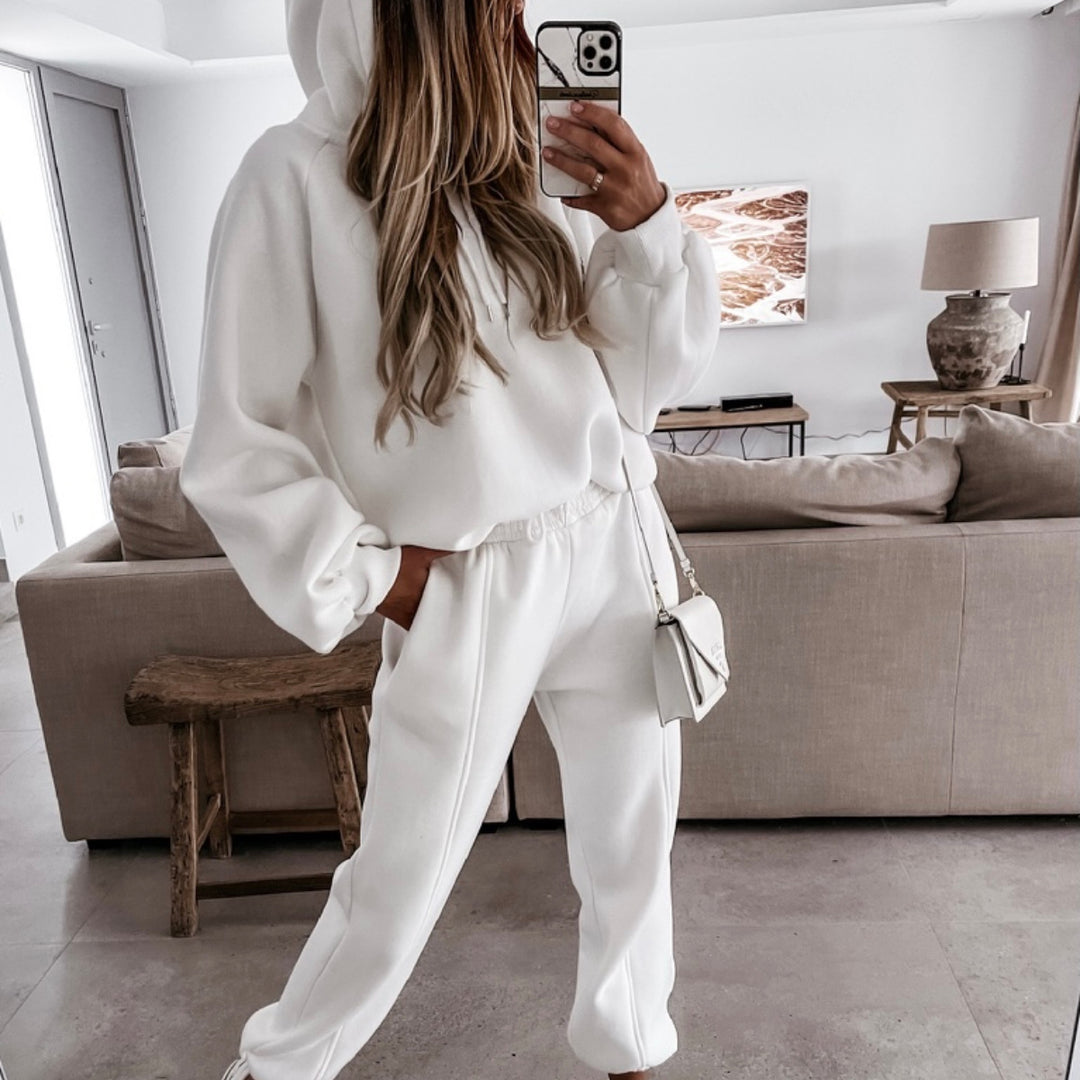 Damen kuscheliges Lounge-Zweiteiler-Set mit oversized Kapuzenpullover, Balloon-Ärmeln und taillierter Jogginghose Drune
