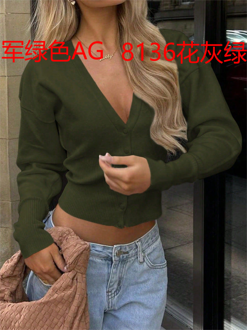 Damen nan taillierte Cropped-Strickjacke mit tiefem V-Ausschnitt, geripptem Bund und durchgehender Knopfleiste Drune