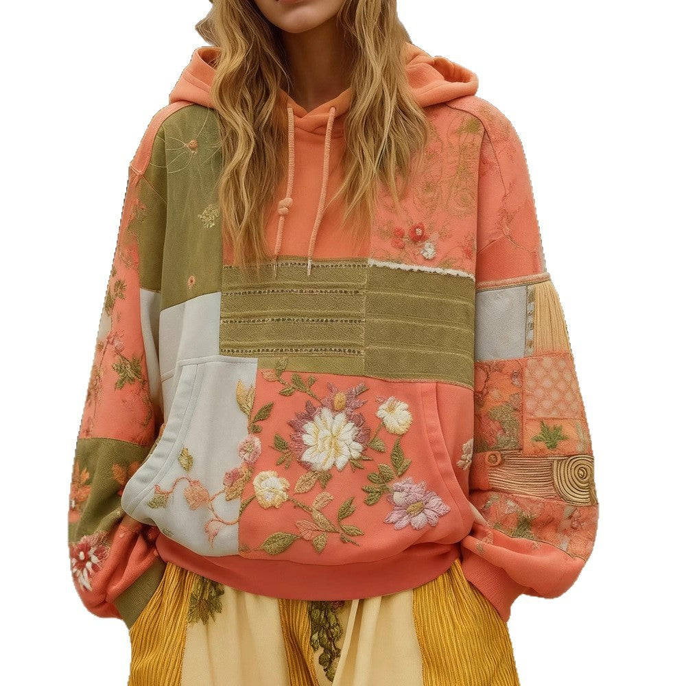 Damen Bestickter Patchwork-Kapuzenpullover mit Blumenapplikation und Kängurutasche Drune