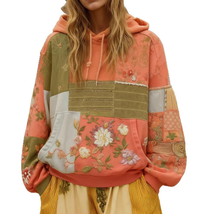 Damen Bestickter Patchwork-Kapuzenpullover mit Blumenapplikation und Kängurutasche Drune
