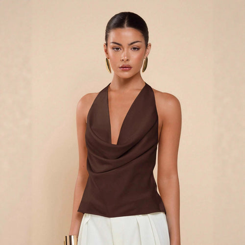 Damen Elegantes Wickeloberteil mit tiefem V-Ausschnitt und fließendem Stoff Drune