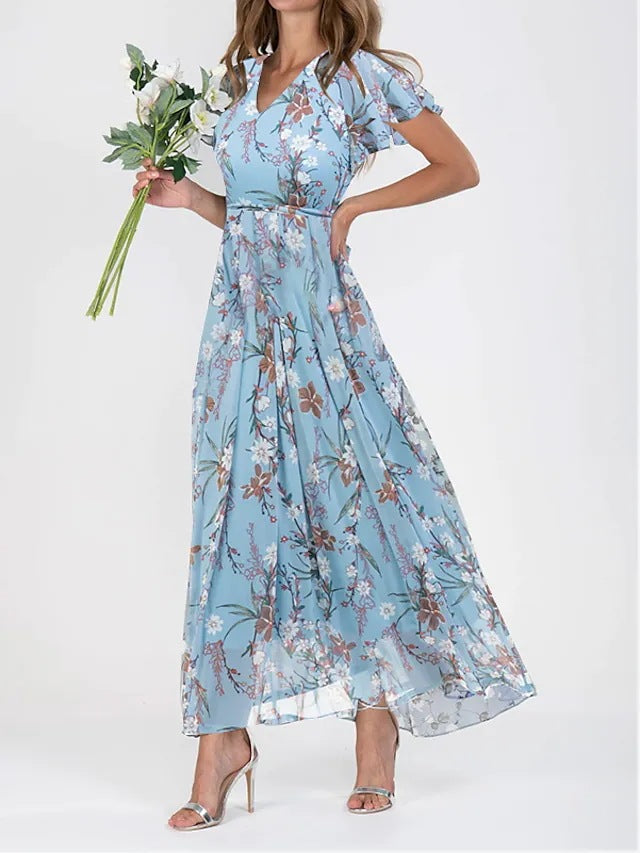 Damen Maxikleid mit floralem Chiffon-Stoff und transparenten Ärmeln Drune