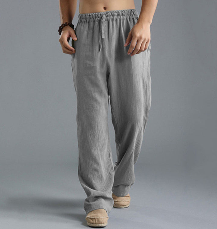 Herren nan lässige Leinenhose mit elastischem Bund, Kordelzug und geradem Bein Drune