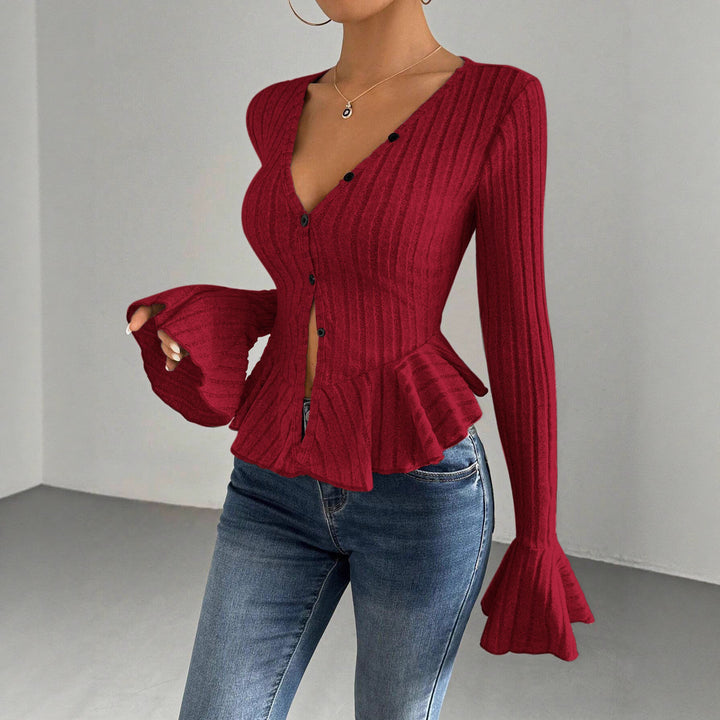 Damen Strickoberteil mit raffiniertem Kellerfalten-Design und Knopfleiste Drune