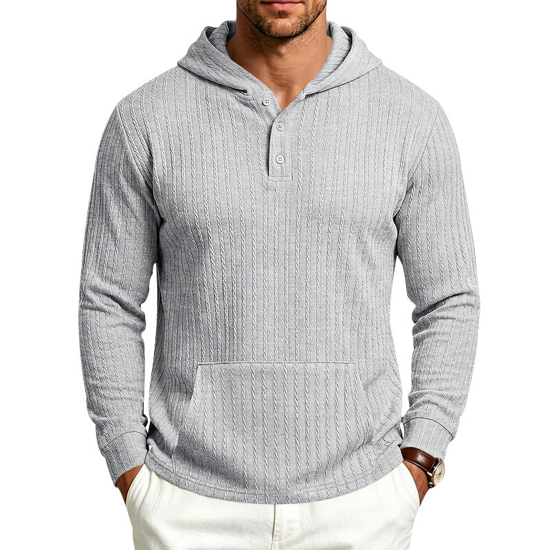 Herren Kapuzen-Henley-Pullover mit Zopfstruktur, Kängurutasche und Rippbündchen Drune