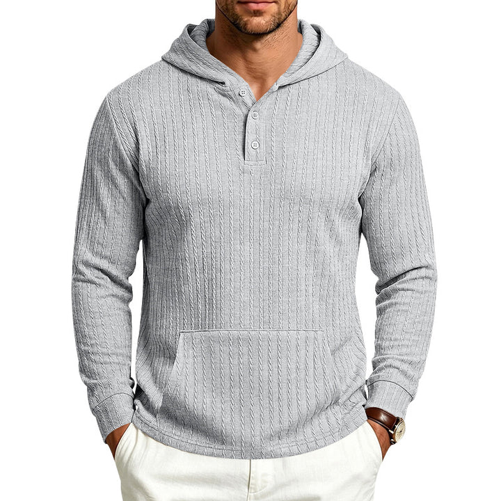 Herren Kapuzen-Henley-Pullover mit Zopfstruktur, Kängurutasche und Rippbündchen Drune