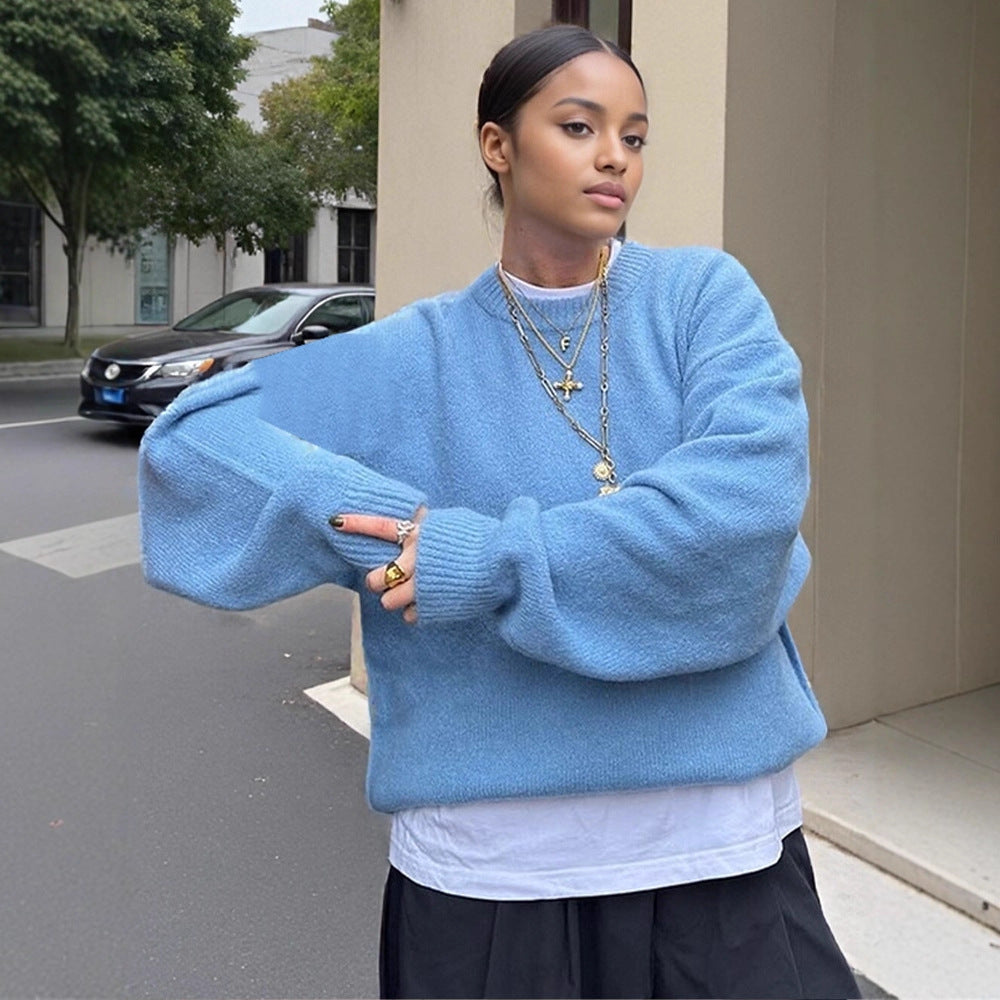 Damen Flauschiger Boxy Strickpullover aus Alpaka-Mix mit weitem Rundhalsausschnitt Drune