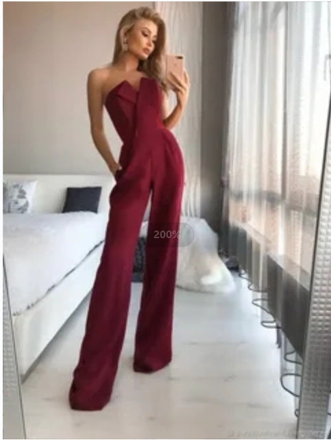 Damen Eleganter Jumpsuit mit tiefem V-Ausschnitt und weitem Bein Drune