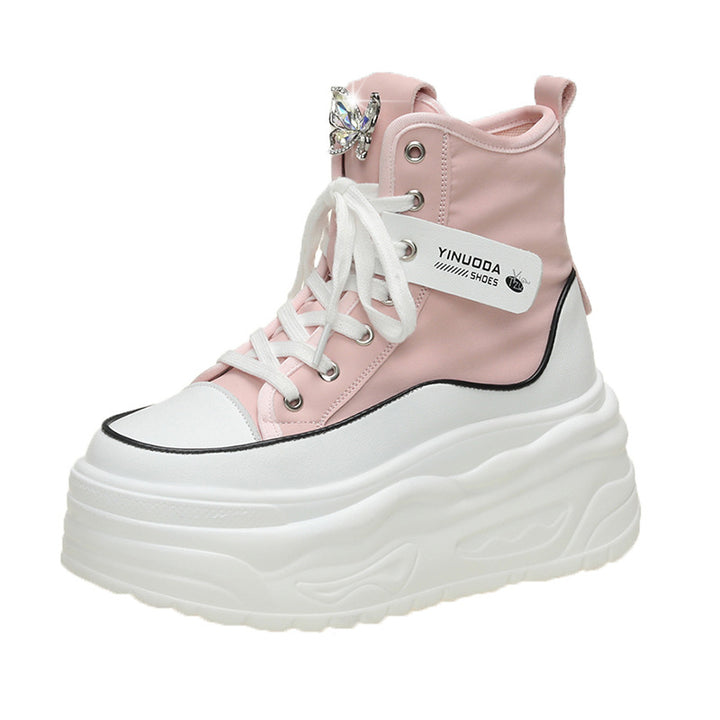 Damen nan Plateau-Sneaker mit hohem Schaft, Schnürung und Schmetterling-Brosche Drune