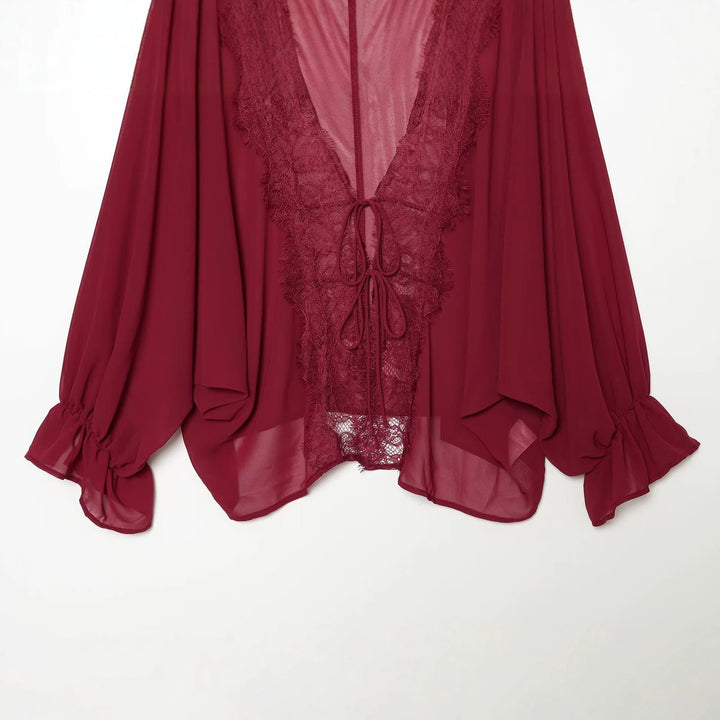 Damen Fließende Kimono‑Bluse mit Spitzenbesatz und Bindeband Drune