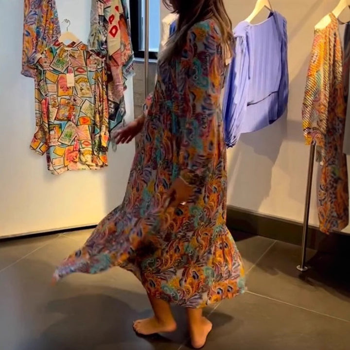 Damen nan Stufenmaxikleid im Boho-Stil mit Paisley-Print, V-Ausschnitt, geraffter Empire-Taille und elastischen Manschetten Drune