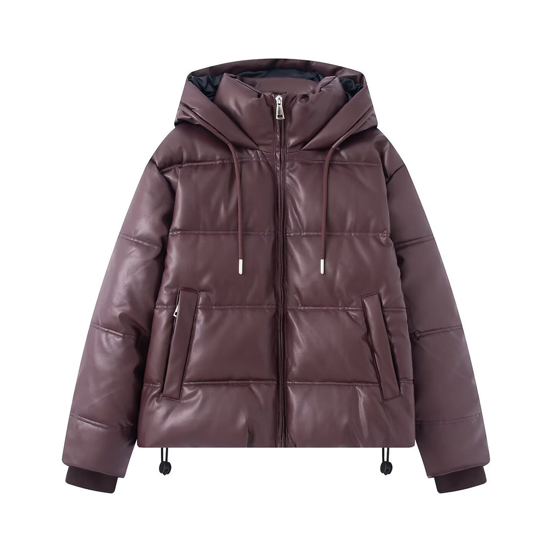 Damen Kurz gesteppte Kunstleder-Pufferjacke mit Kapuze, Tunnelzug und seitlichen Eingrifftaschen Drune