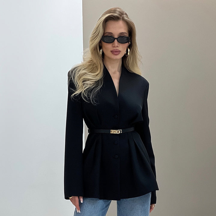 Damen Eleganter Blazer mit tailliertem Schnitt und abnehmbarem Gürtel Drune