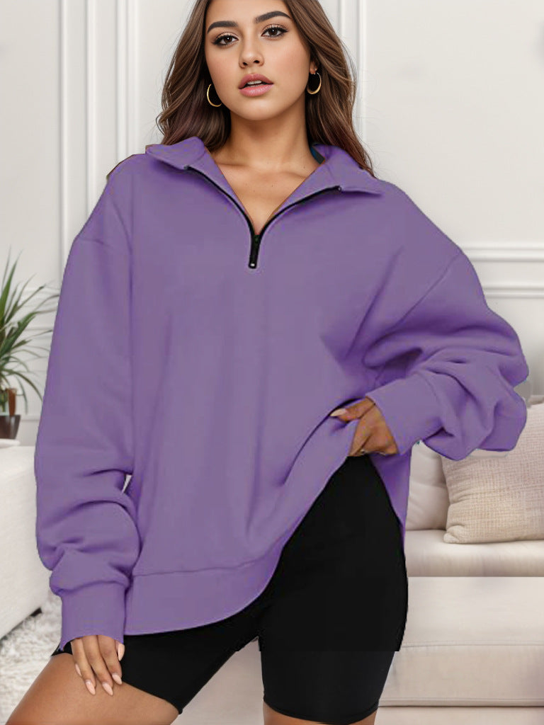 Damen nan übergroßes Sweatshirt mit Halbreißverschluss und Stehkragen Drune