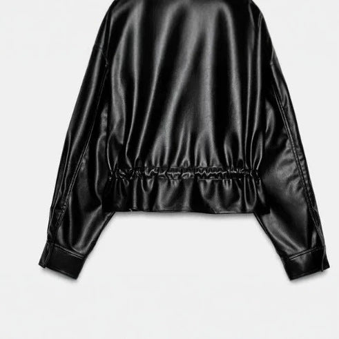 Damen Glänzende Cropped‑Kunstlederjacke im Blousonstil mit Stehkragen und Tunnelzugbund Drune