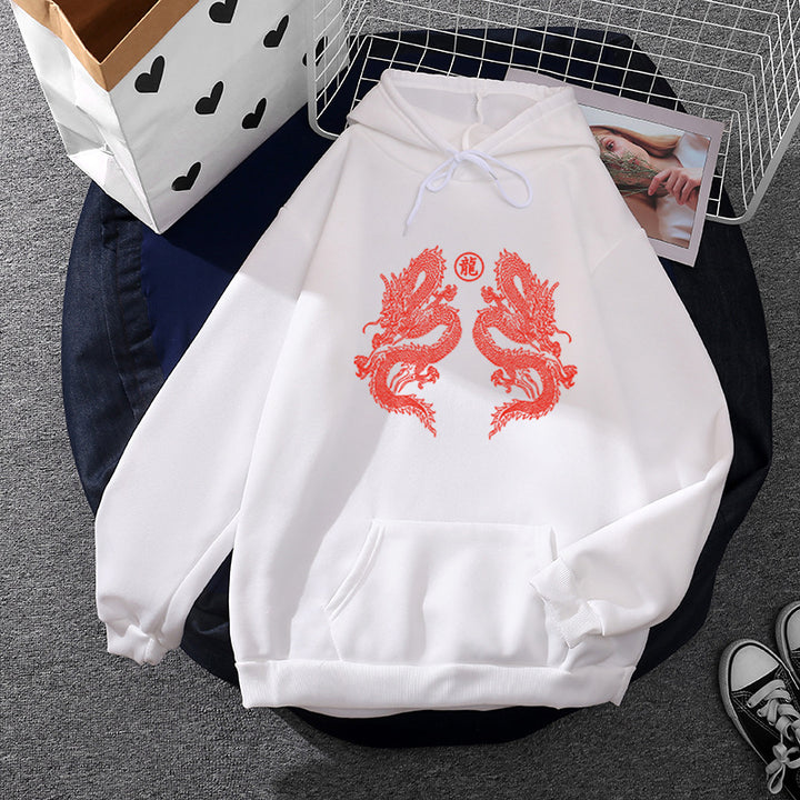Unisex nan Oversize-Kapuzenpullover mit doppelseitigem Drachendesign, Kängurutasche und gerippten Bündchen Drune