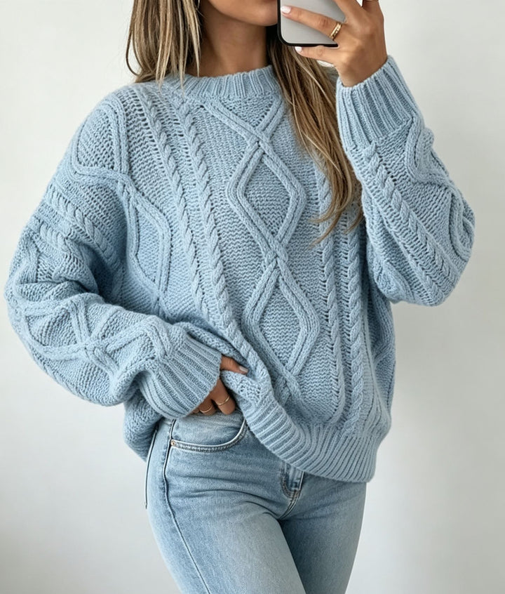Damen Oversize Flechtstrick-Pullover mit Zopfmuster und Rundhals Drune