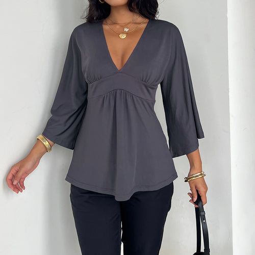 Damen V‑Ausschnitt Tunika mit Empire‑Naht und 3/4‑Ärmeln Drune