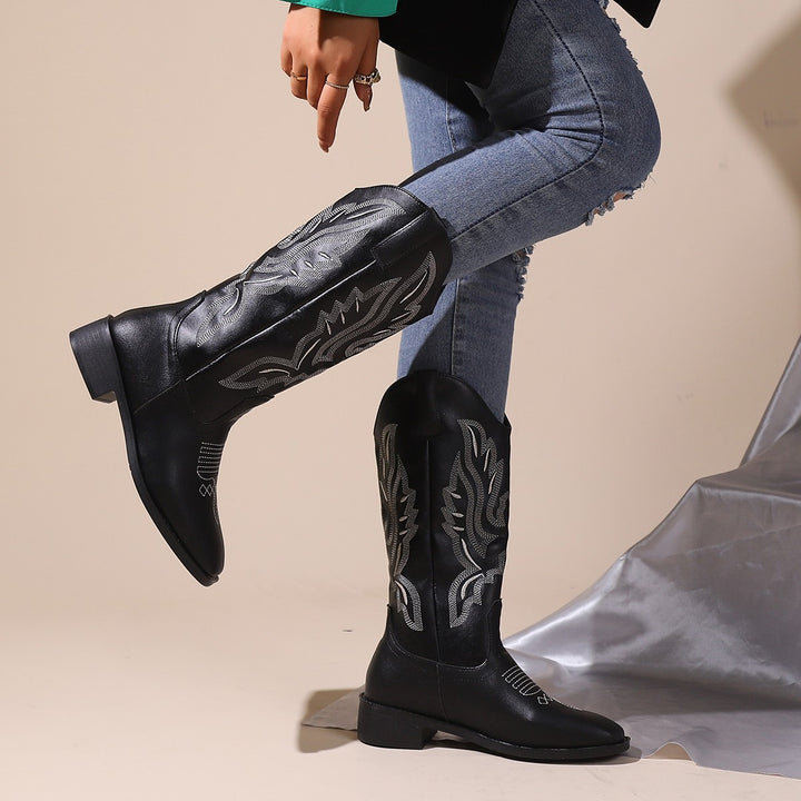 Damen Cowboystiefel mit mittelhohem Schaft, quadratischer Zehenpartie und dekorativer Stickerei Drune