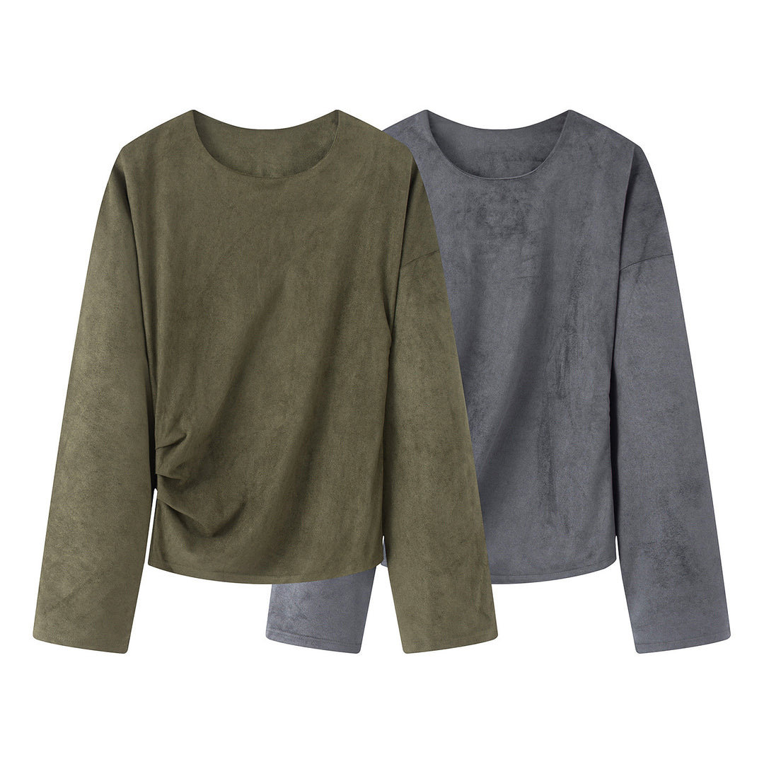 Damen nan Oversize-Langarmshirt mit seitlicher Drapierung und samtiger Wildlederoptik Drune