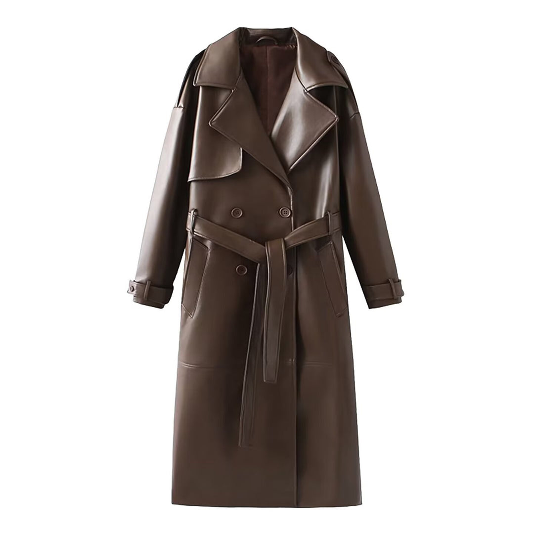 Damen 40+ langer Trenchcoat aus Kunstleder mit Taillengürtel und doppelreihiger Knopfleiste Drune