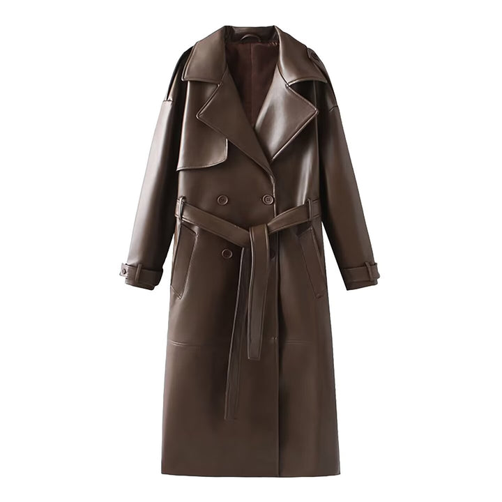 Damen 40+ langer Trenchcoat aus Kunstleder mit Taillengürtel und doppelreihiger Knopfleiste Drune
