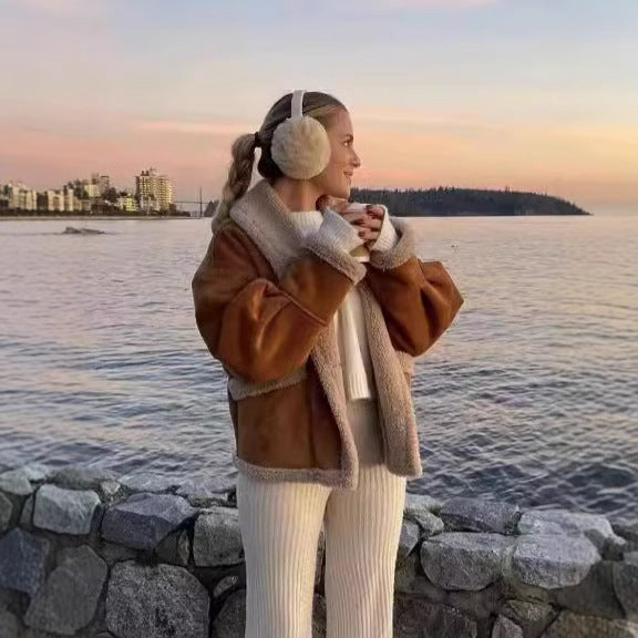 Damen kuschelige Blazerjacke im Teddy-Look mit praktischem Taschen Drune