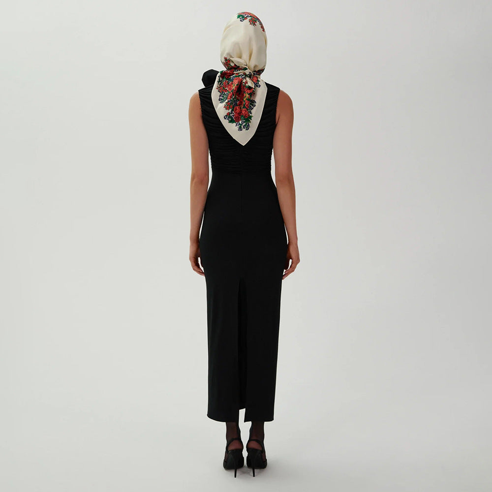 Damen figurbetontes Abendkleid mit asymmetrischem Kragen und floraler Applikation Drune