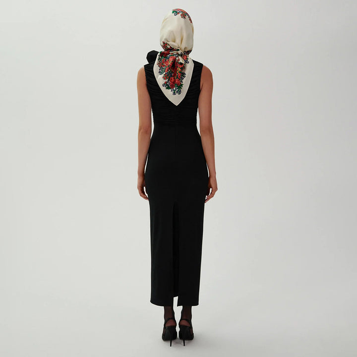 Damen figurbetontes Abendkleid mit asymmetrischem Kragen und floraler Applikation Drune