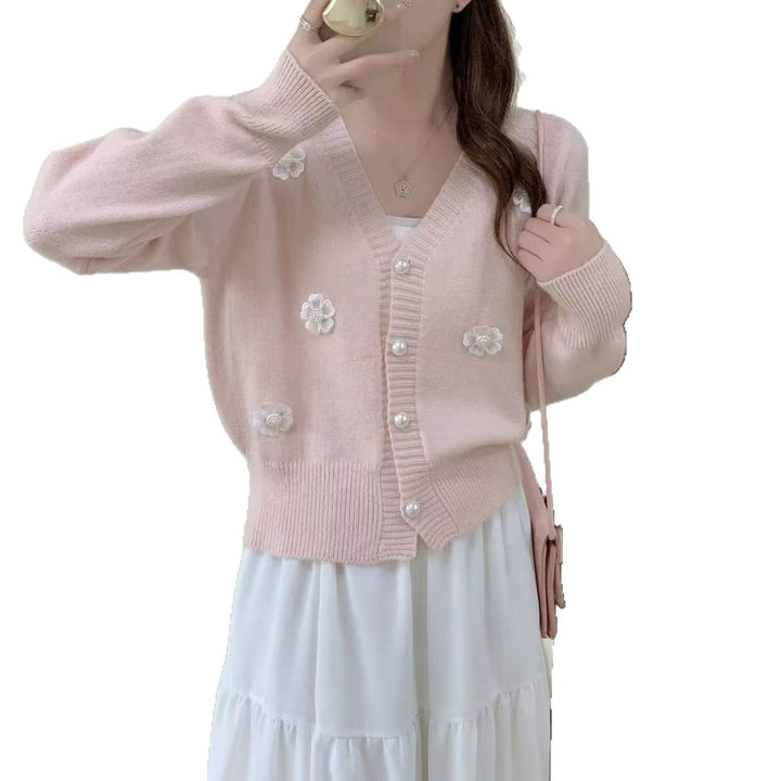 Damen kuschelige Strickjacke mit Blumenstickerei und Perlenknöpfen Drune