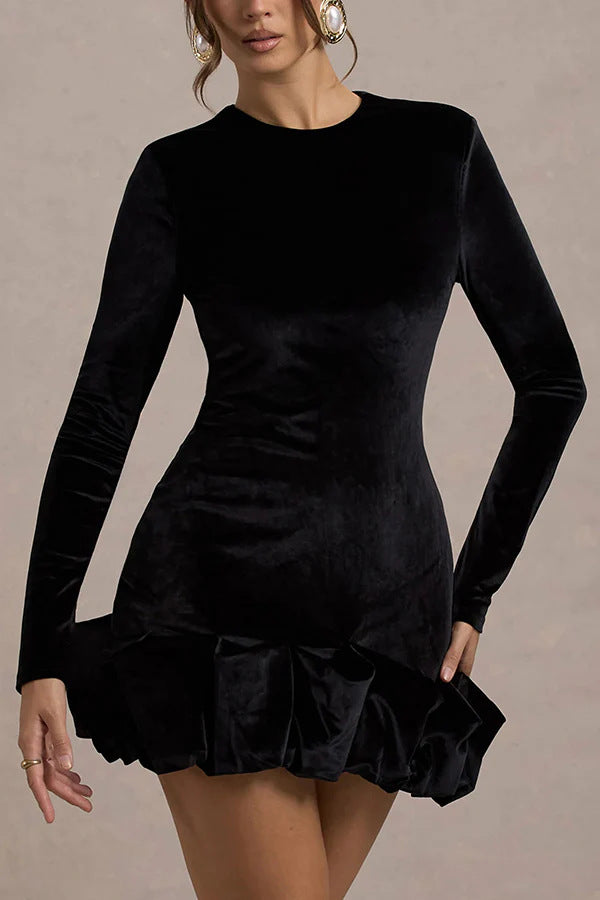 Damen Figurbetontes Cocktail-Minikleid aus Samt mit Volantkante und Langarm Drune