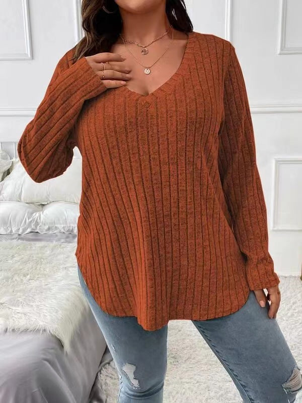 Damen Langarm V-Ausschnitt Shirt mit feiner Rippstruktur Drune