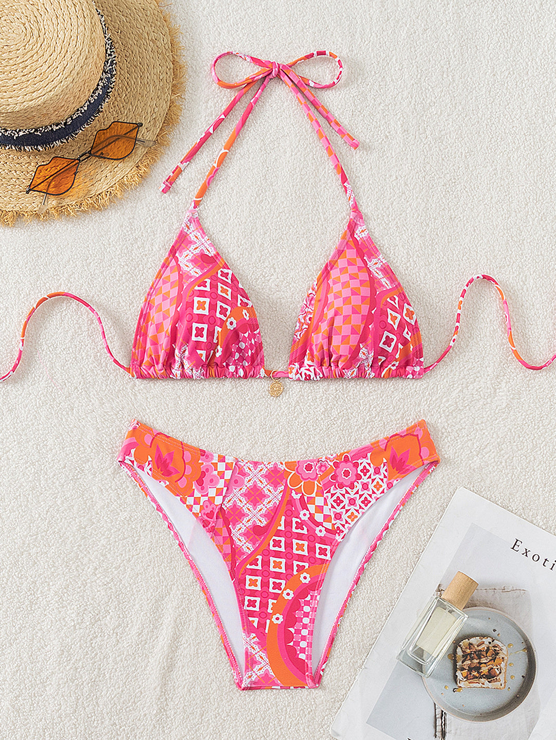 Damen Triangel-Bikini mit einzigartigem Mosaik-Muster und verstellbaren Bindebändern Drune