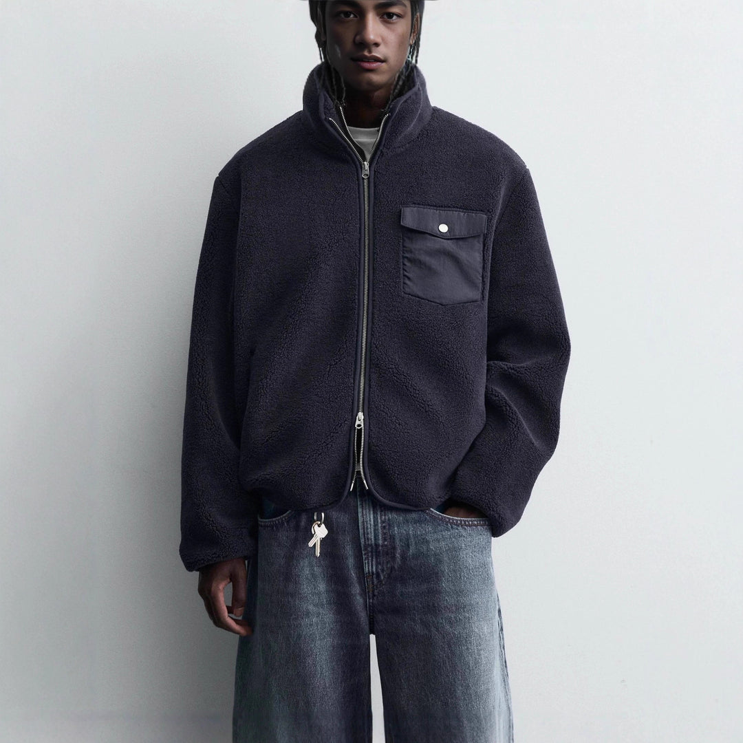 Herren Fleece‑Blouson mit Stehkragen, Zwei‑Wege‑Reißverschluss und Pattentasche Drune