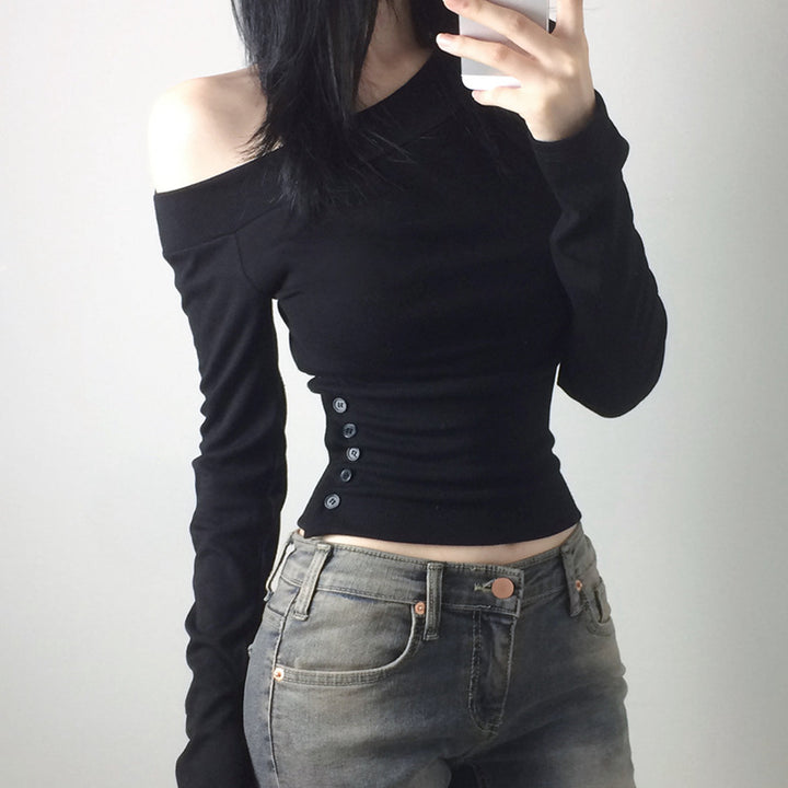 Damen nan schulterfreies Langarmshirt mit taillierter Silhouette und seitlicher Knopfleiste Drune