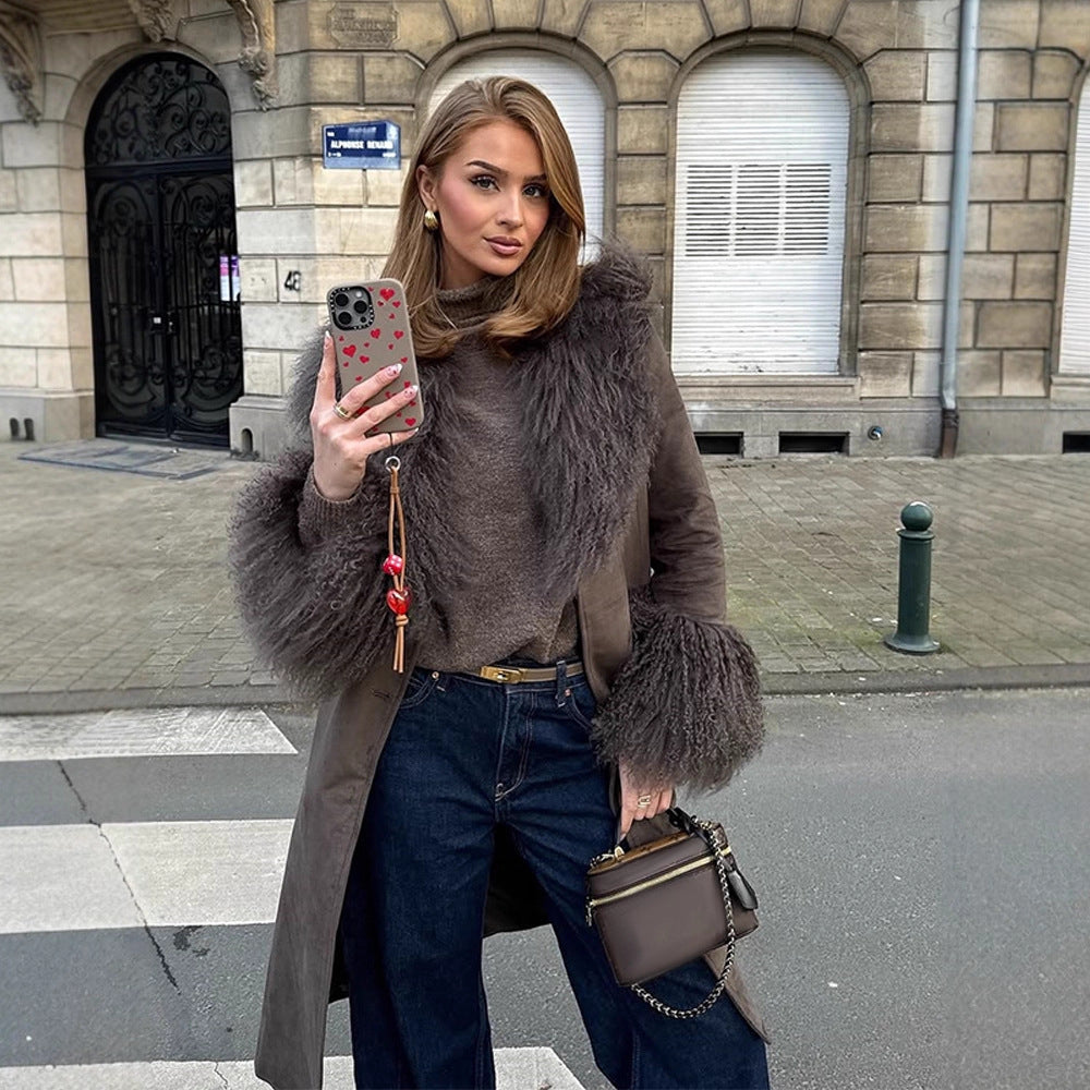 Damen Mantel aus Veloursleder‑Optik mit voluminösem Faux‑Fur‑Schalkragen, Fellmanschetten & Taillengürtel Drune