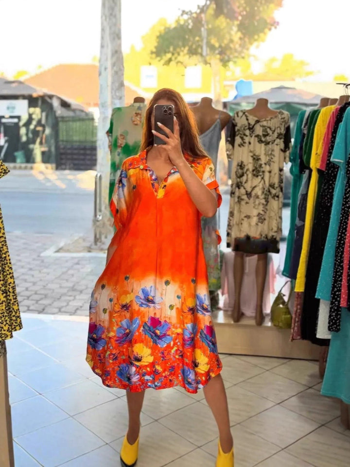 Damen nan leichtes Hemdblusenkleid mit floralem Bordürenprint, offenem V‑Ausschnitt und Einschubtaschen Drune