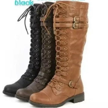 Damen Kniehohe Schnürstiefel mit verstellbaren Zierschnallen und robuster Profilsohle Drune