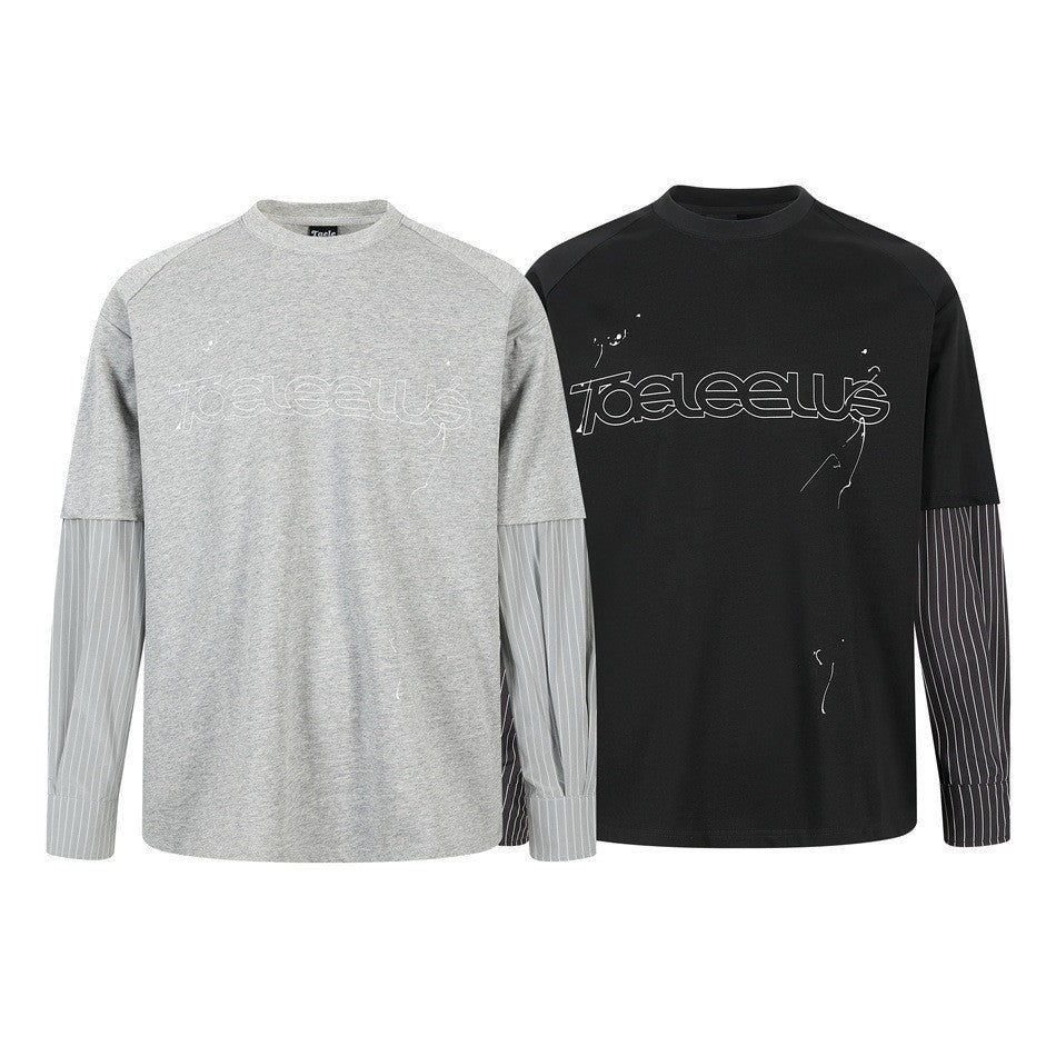 Unisex Lagen-Langarmshirt mit Halbarm-Overlay, gestreiften Einsatzärmeln und Ton-in-Ton-Logo Drune