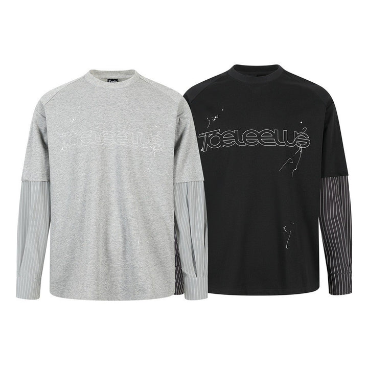 Unisex Lagen-Langarmshirt mit Halbarm-Overlay, gestreiften Einsatzärmeln und Ton-in-Ton-Logo Drune