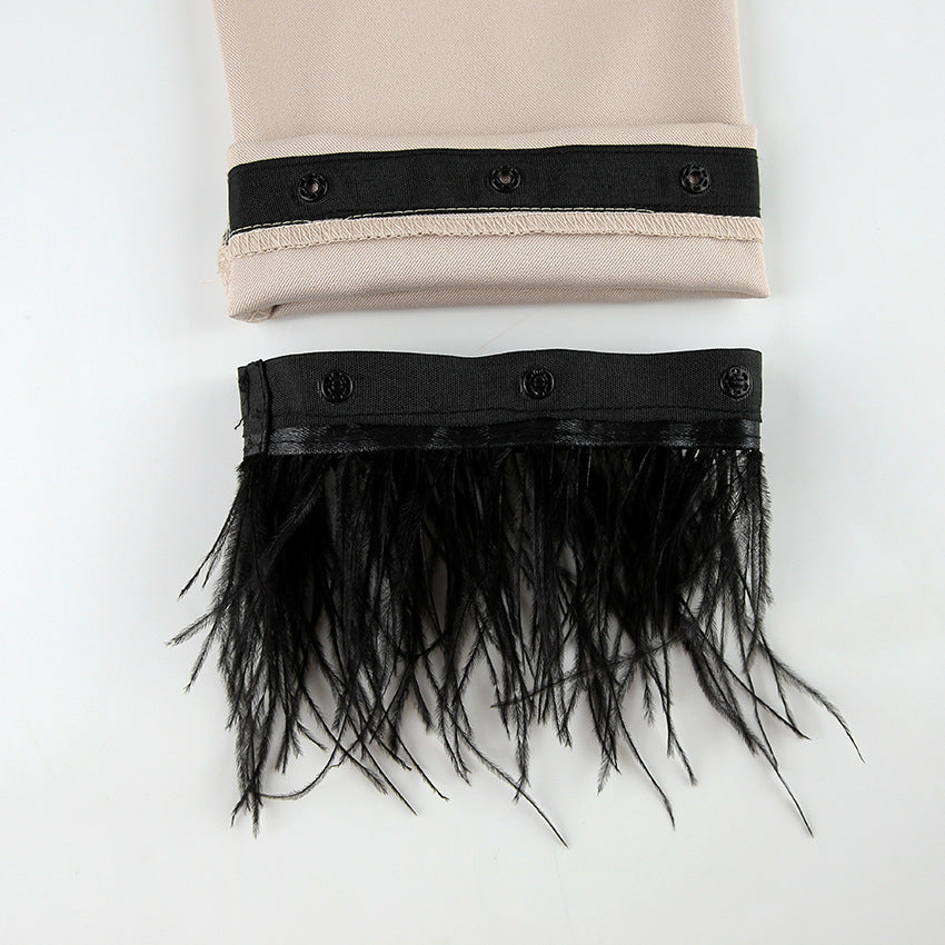 Damen schickes Anzug-Set mit eleganten Federn an den Ärmeln und hohem Bund Drune