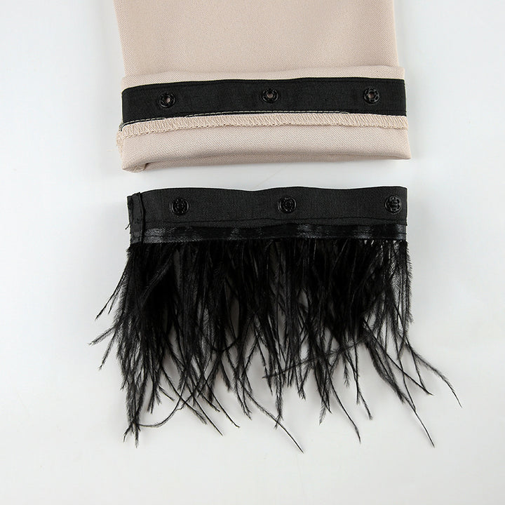 Damen schickes Anzug-Set mit eleganten Federn an den Ärmeln und hohem Bund Drune
