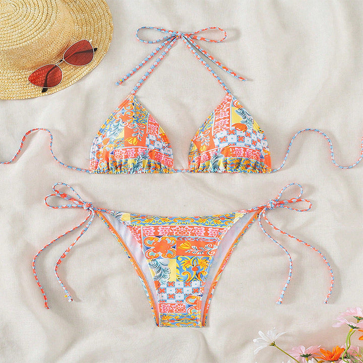 Damen Triangel-Bikini-Set mit verspielt floralem Muster und verstellbaren Bindebändern Drune