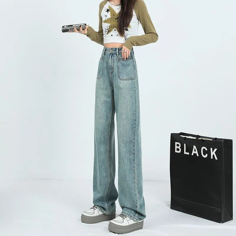 Damen Weit geschnittene Denim-Hose mit hohen Taschen Drune